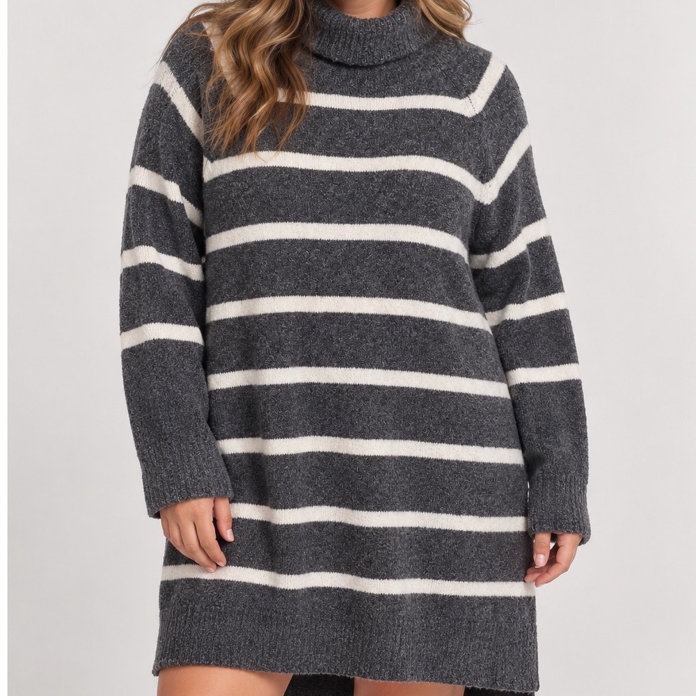 Striped Sweater Dress Women Large Cotton Blend Turtleneck Mini Shift Soft Gray